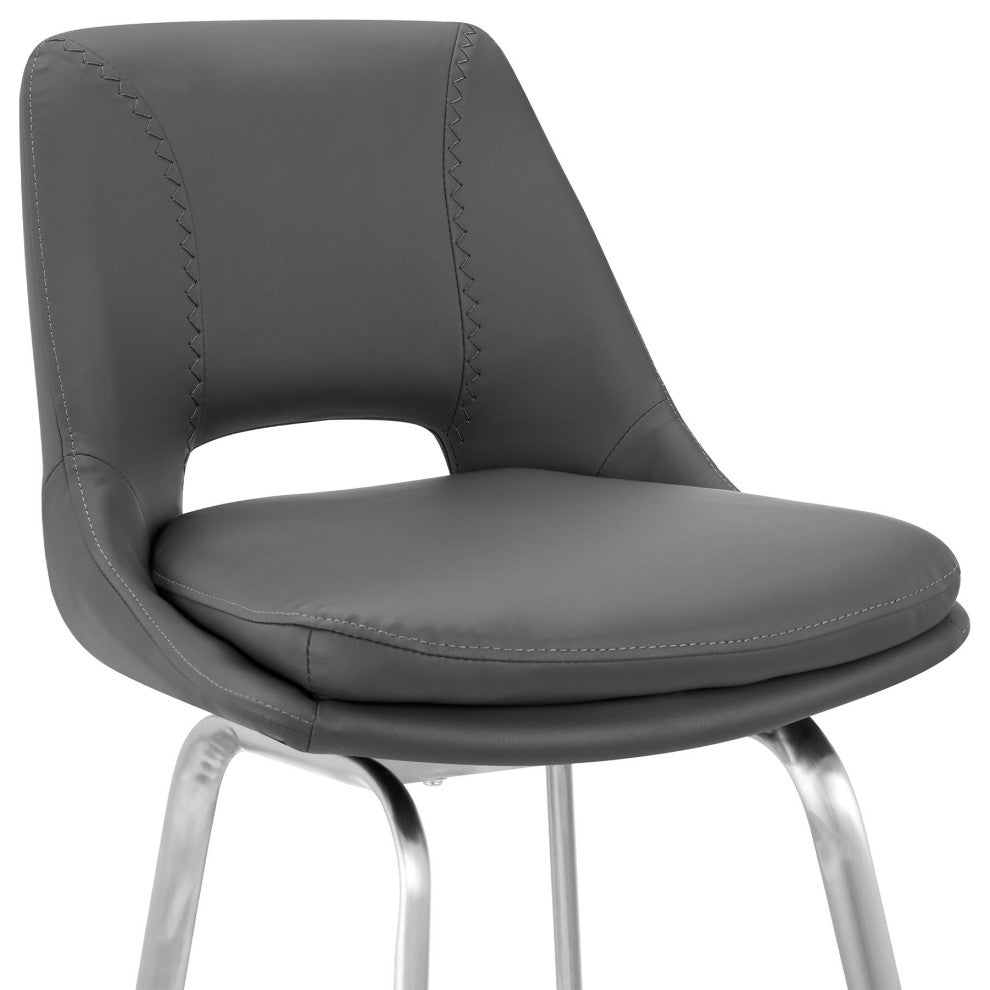 30" Elegant Gray Faux Leather Bar Stool With Stainless Steel Frame