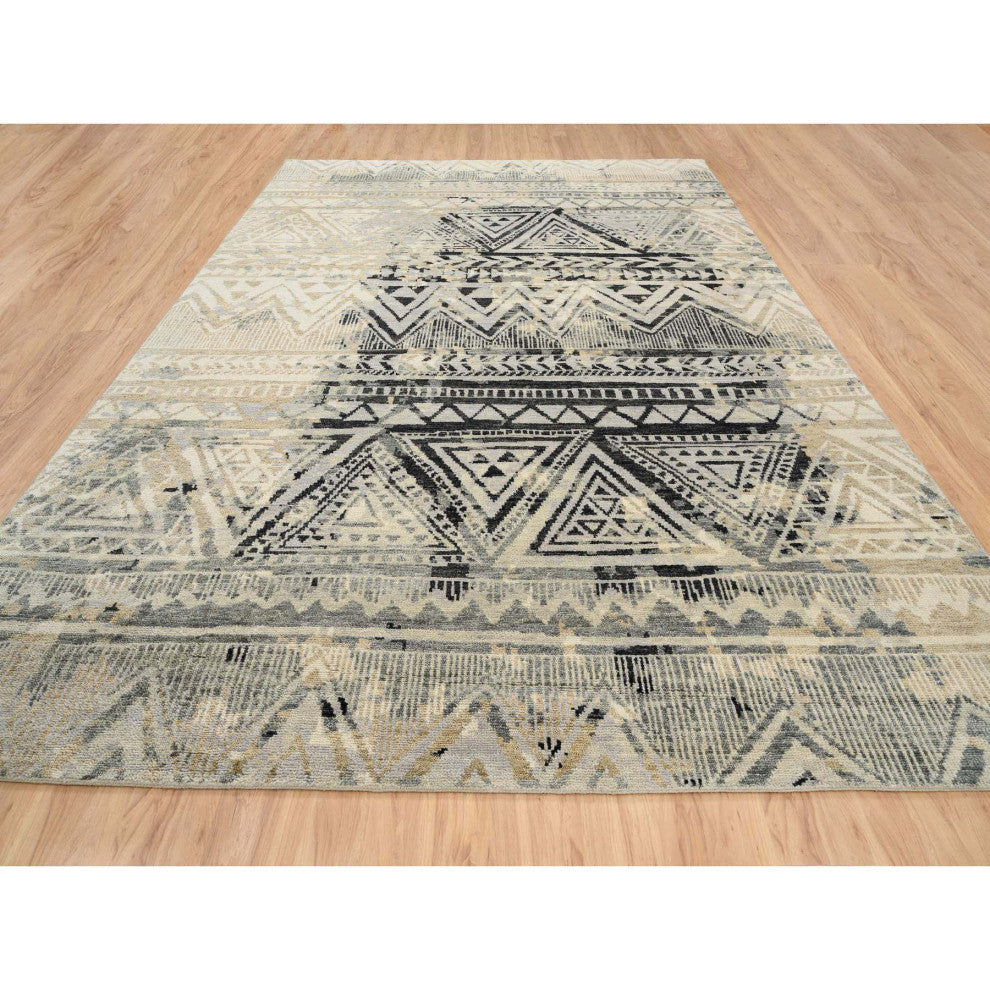 Gray, Erased Ethnic Geometric Design, Pure Wool Hand Knotted Rug, 9'9" x 13'10"