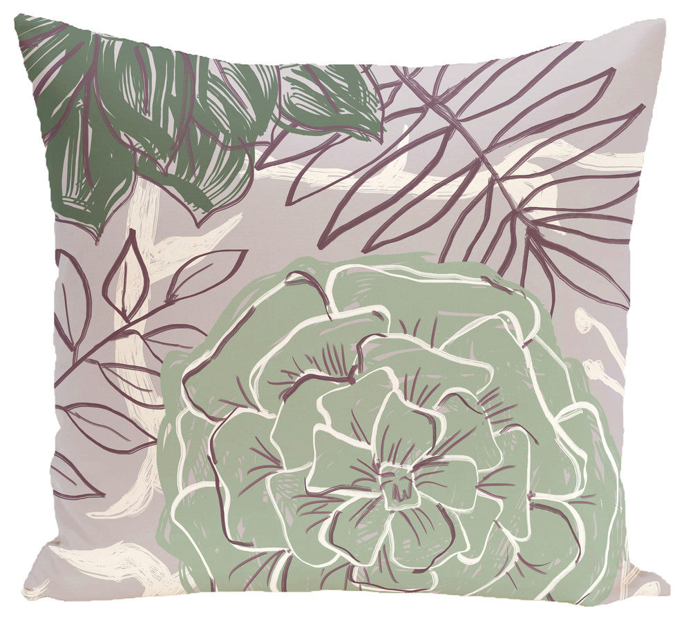 Flowers And Fronds Floral Print Outdoor Pillow, Pale Celery, 20"x20"