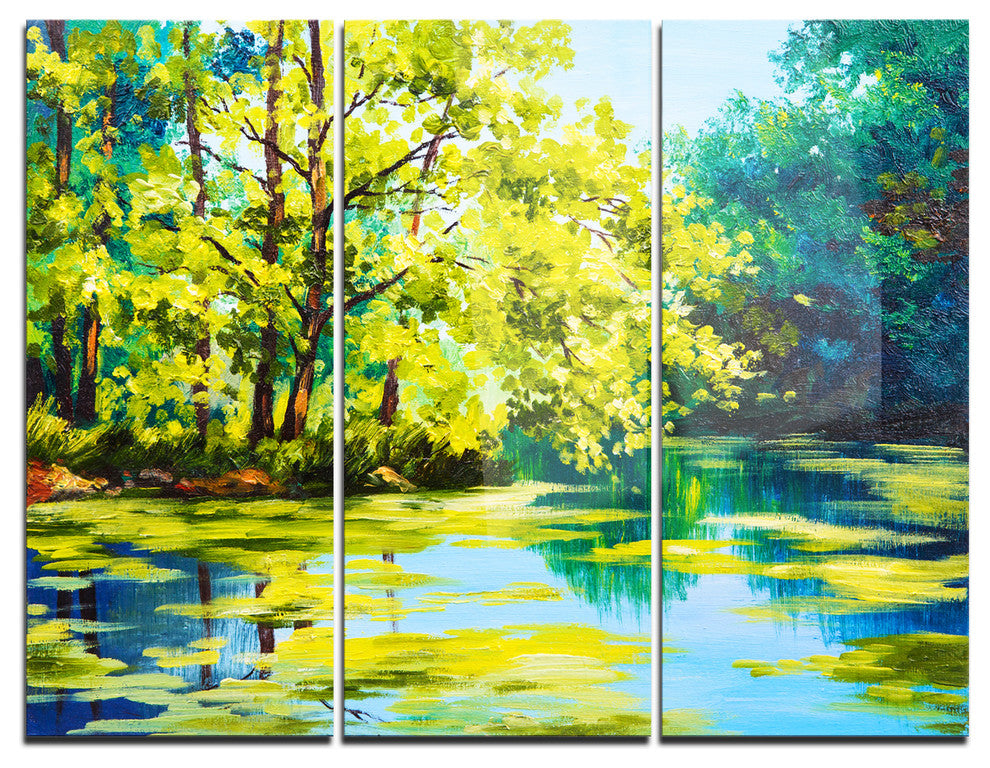 "Blue Lake Under Green Tree" Painting Metal Wall Art, 3 Panels, 36"x28"
