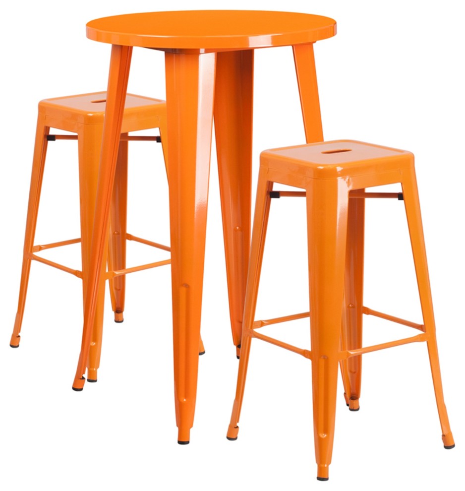 24" Round Orange Metal Bar 3-Piece Table Set With 2 Square Seat Backless Stools