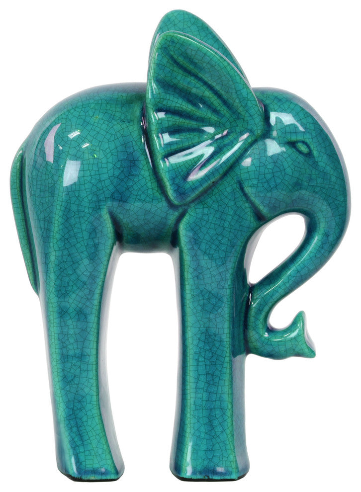 Ceramic Standing Elephant Figurine, Glossy Turquoise