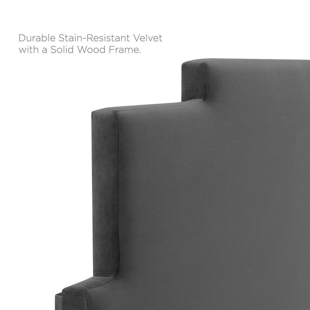Platform Bed Frame, King Size, Velvet, Dark Gray, Modern Contemporary