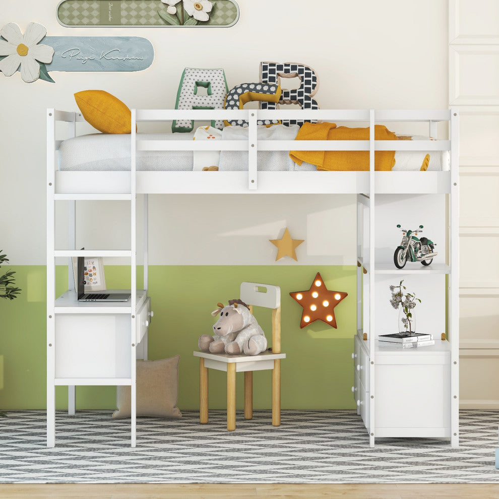 Gewnee Twin Size Loft Bed with Built-in Desk with Two Drawers