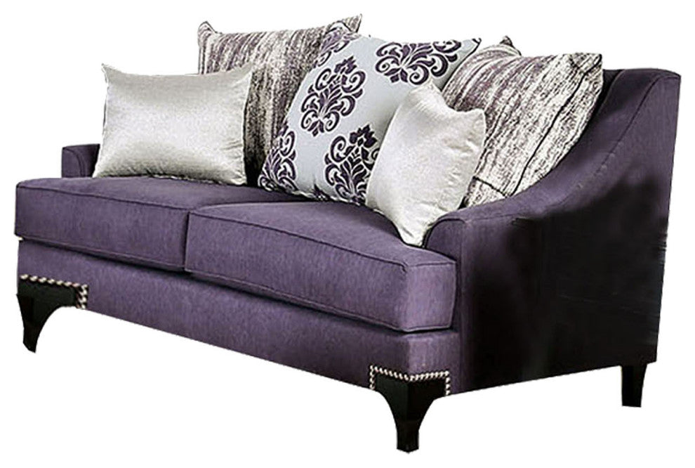 Chenille And Wooden Love Seat with Sloped Arms Design, Purple
