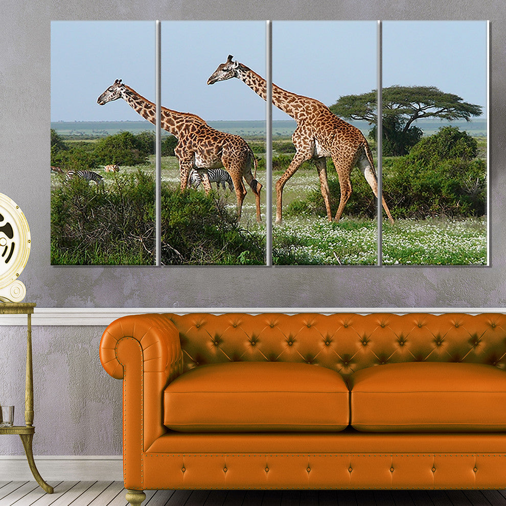 Two Giraffes in African Savannah, African Canvas Art Print, 48"x28", 4 Panels