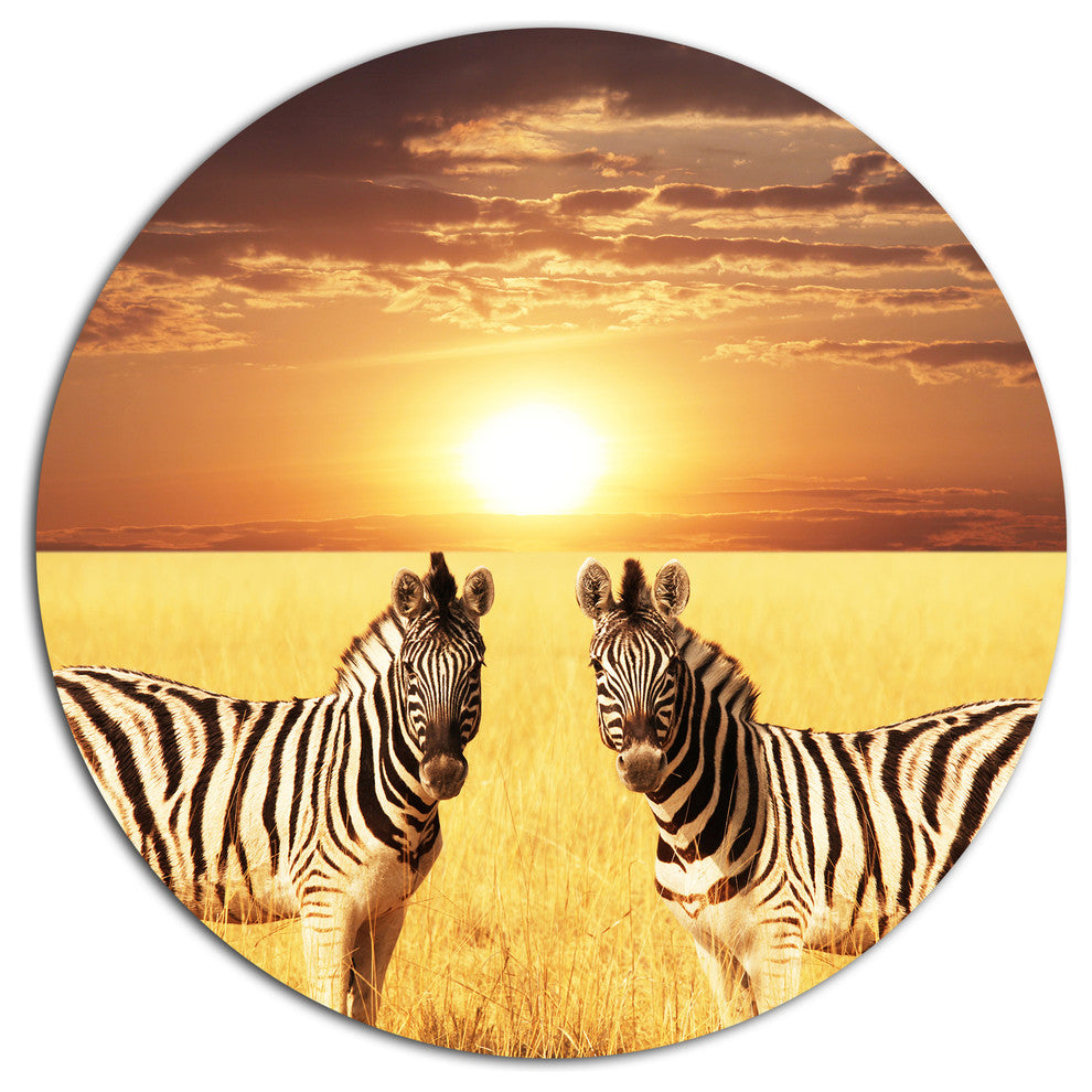 Pair Of Zebras In Field At Sunset, African Disc Metal Artwork, 11"