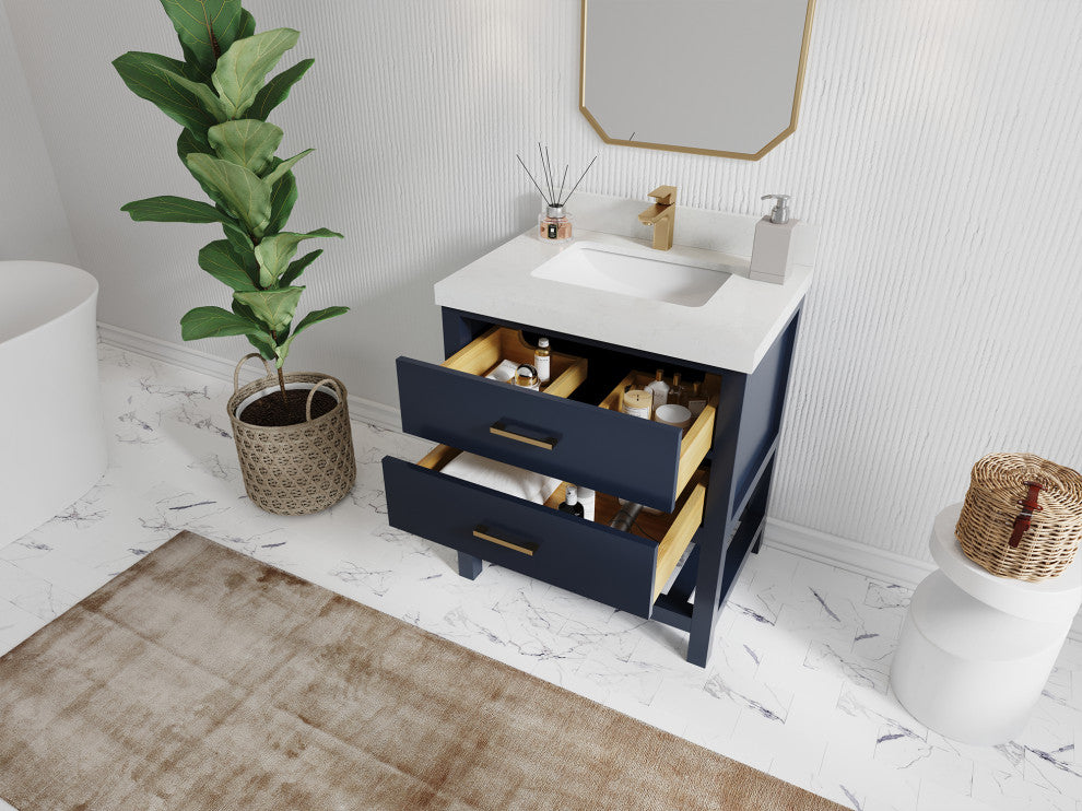 Parker 30 Single Sink Bath Vanity in Navy Blue  2" Carrara Quartz
