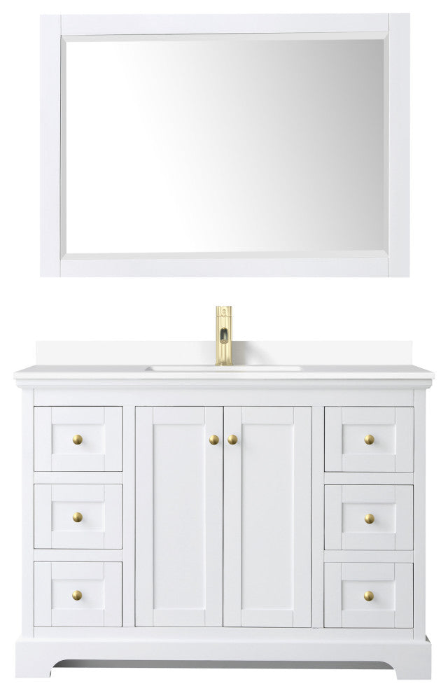 48" Single Vanity White, White Cult. Marble Counter, Sink, 46" Mirror, Gold Trim