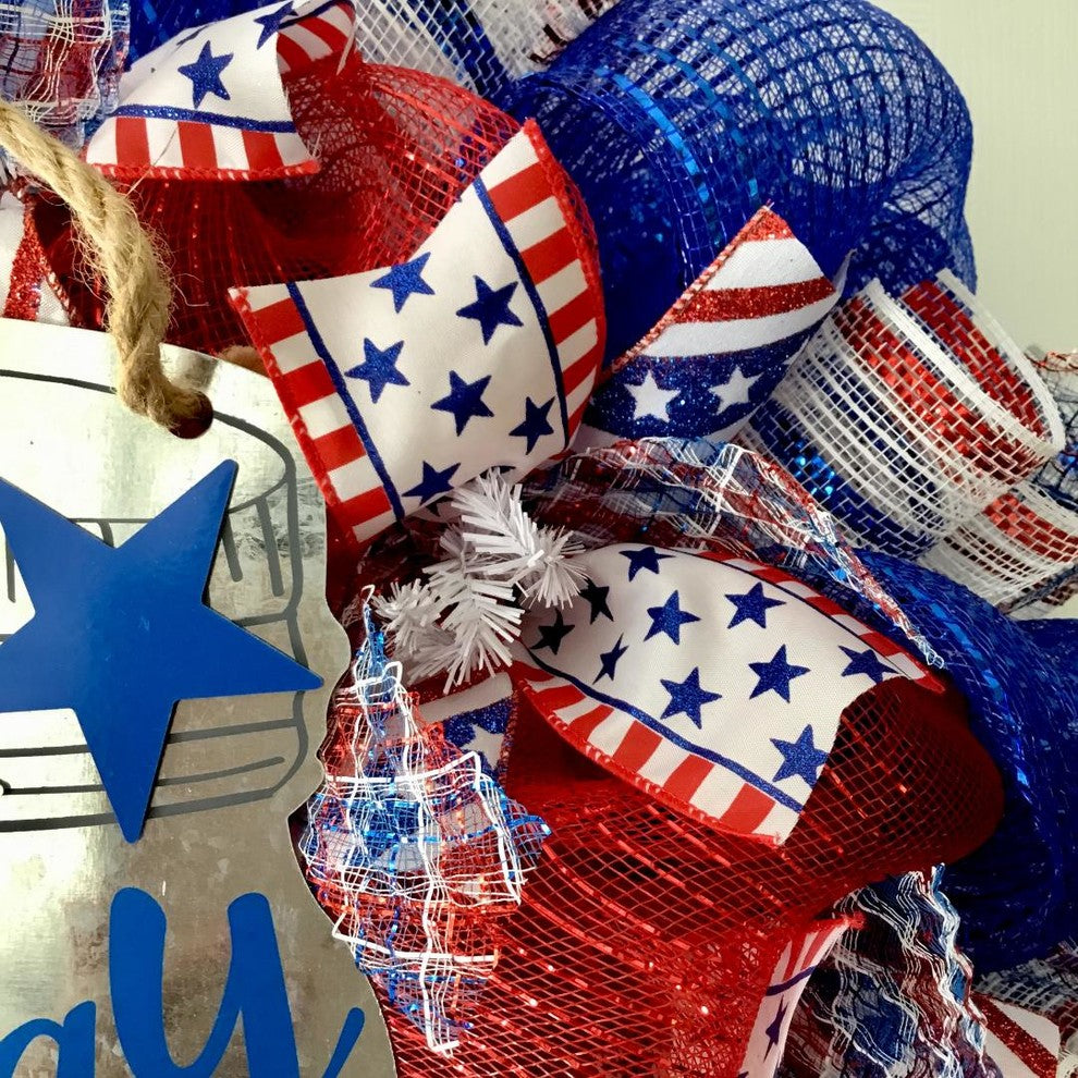Hooray USA Patriotic Wreath Handmade Deco Mesh