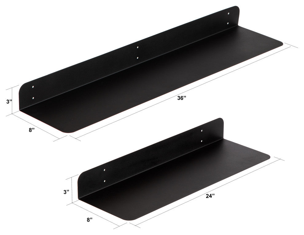 Saffron Fabs Metal Wall Shelves, Black, 2 Piece Set: 24x8 & 36x8
