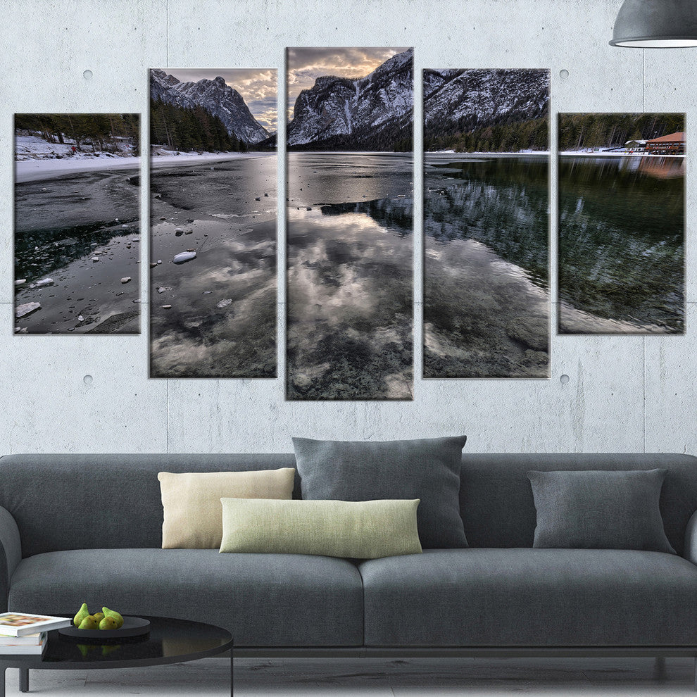 "Black Icy Mountain Lake With Snow" Landscape Wall Art, 5 Panels, 60"x32"