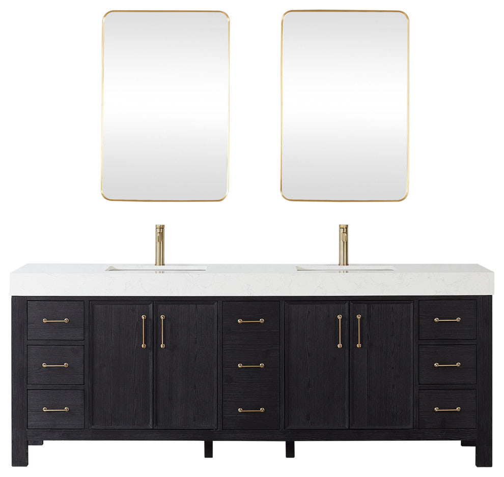 Leon Bath Vanity With Composite Stone Top, Fir Wood Black, 84", With Mirror