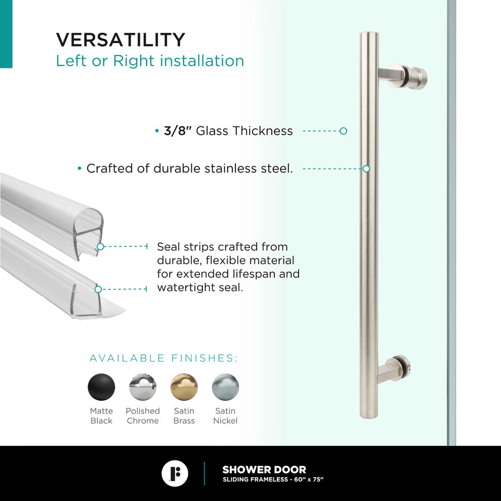 Frameless Clear Sliding Shower Door With Tempered Glass - Shower Bathroom Door, Satin Nickel, 60" X 75", Single Sliding Door