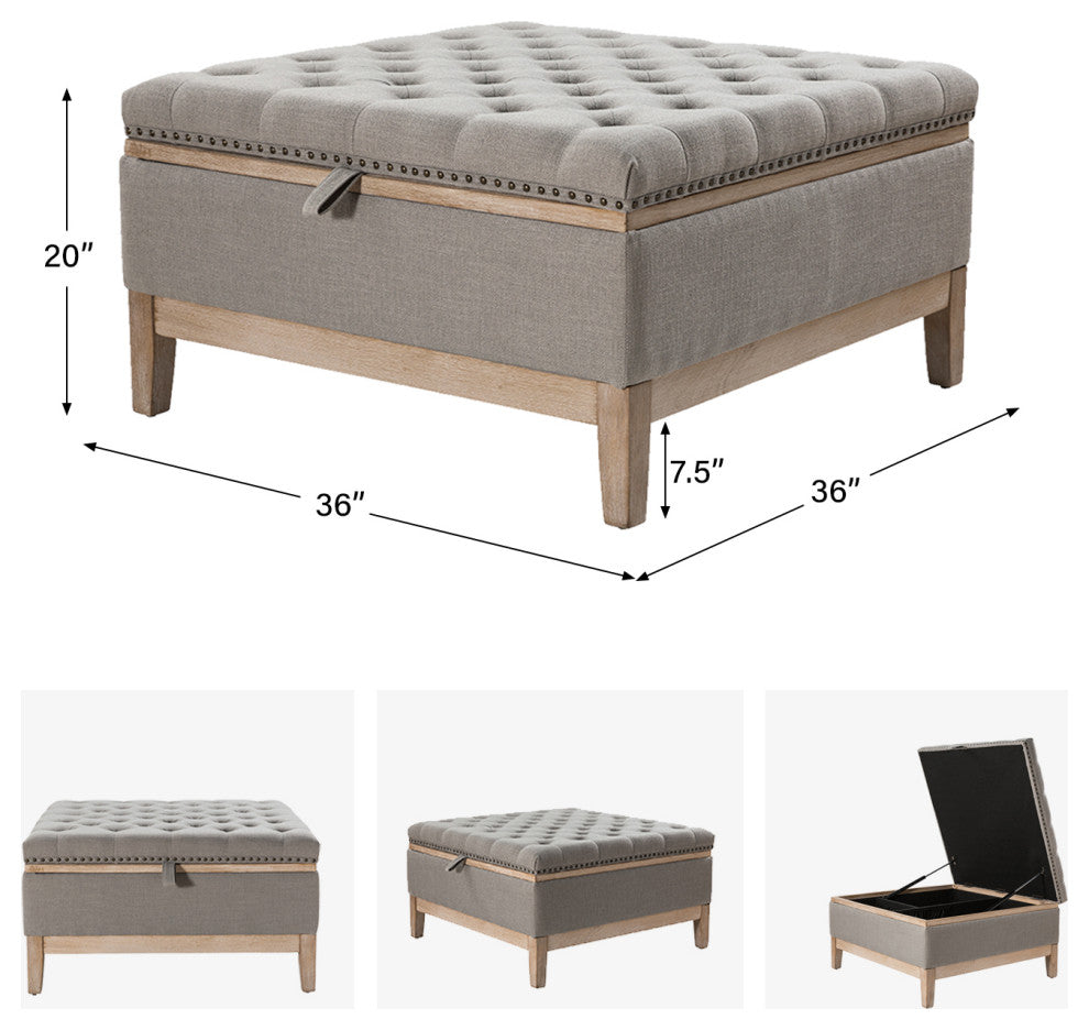 Upholstered Storage Cocktail Ottoman With Solid Wood Legs, Gray