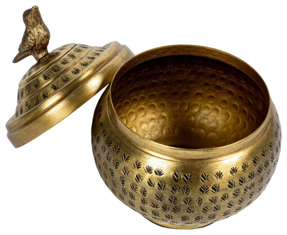Hammered Aluminum Sphere Container with Lid and Bird, Antique Brass Finish