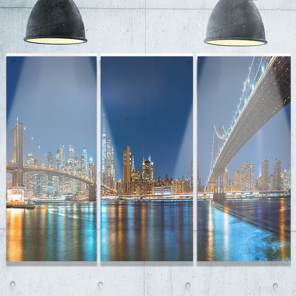 "Brooklyn and Manhattan Bridges Night" Metal Wall Art, 3 Panels, 36"x28"