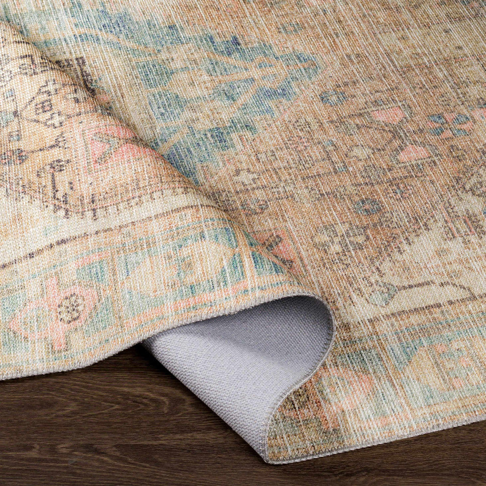 Hauteloom Light Brown and Blue Baloy Washable Area Rug, 7'6"x9'6" Rectangle
