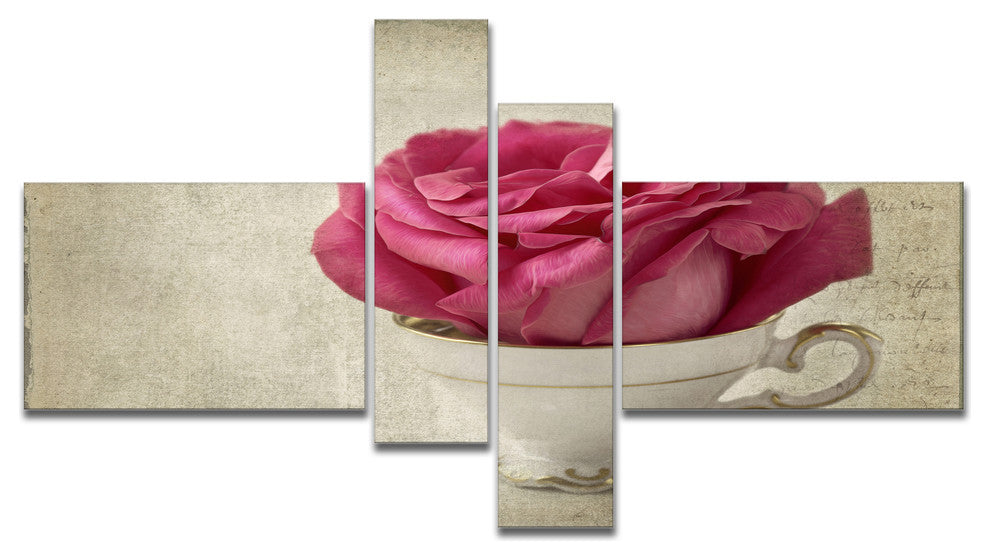 Red Rose in Cup Photography, Floral Canvas Art Print, 60"x32", 4 panels