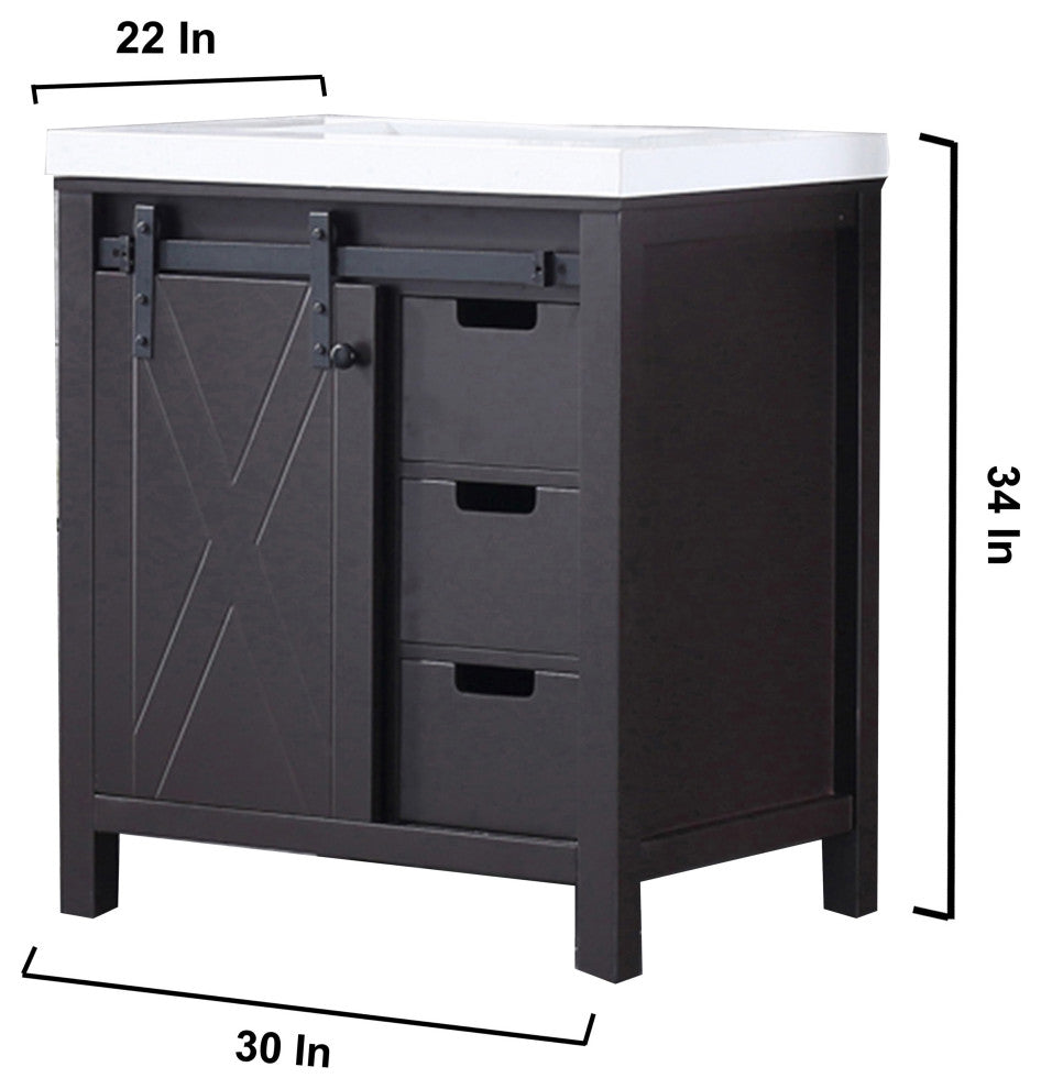 Marsyas 30" Brown Single Vanity Cabinet Quartz Top Square Sink, 28" Wall Mirror