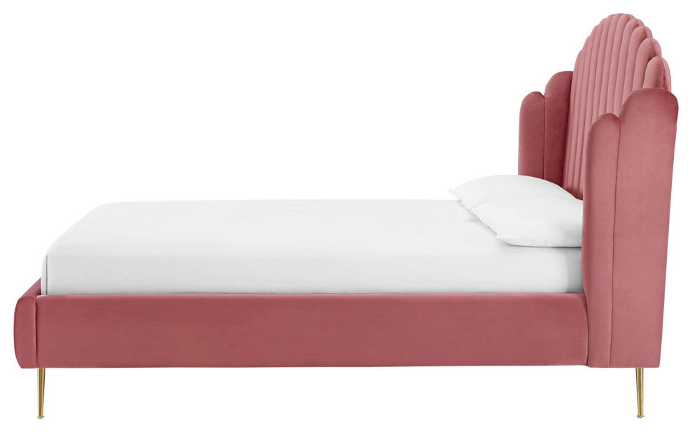 Platform Bed Frame, Queen Size, Velvet, Pink, Modern Contemporary, Bedroom