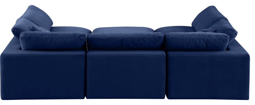 Comfy Upholstered U-Shaped Modular Sectional, Navy, 6-Piece: 3 Armless Chair, 2 Corner Chair, 1 Ottoman, Velvet