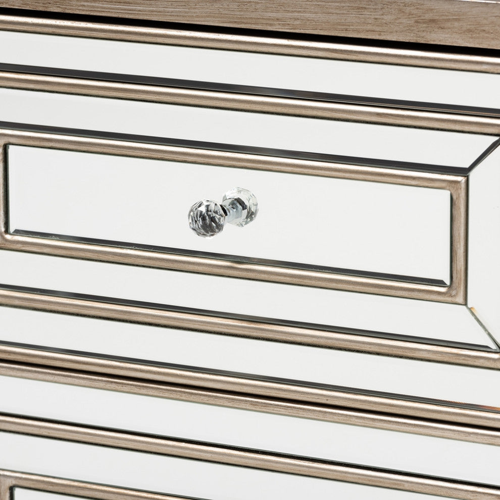 Transitional Natural Brown Finished Wood 2-Drawer Nightstand With Mirrored Glass
