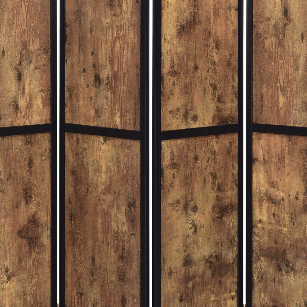Benzara BM242727 4 Panel Screen With Grain Details and Knots, Brown and Black