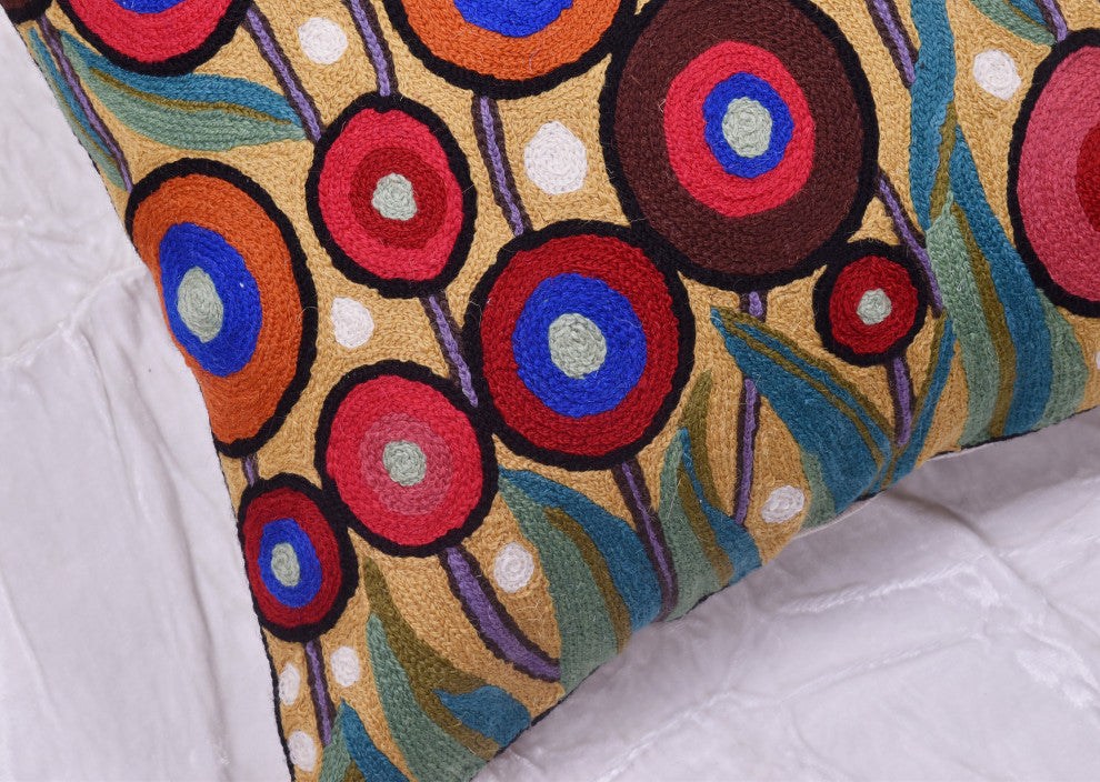 Yellow Floral Poppy Pillow Cover Floral Chair Pillowcase Hand Embroidered 18x18