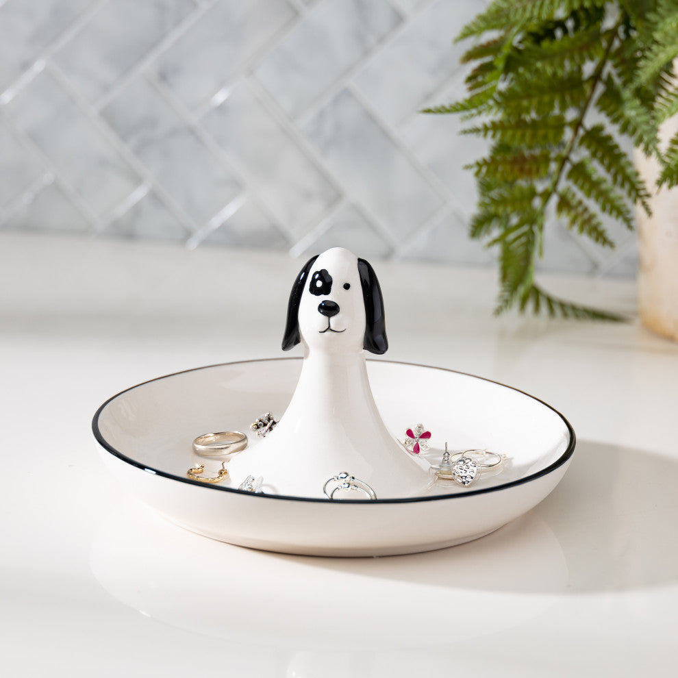 7.13" Black and White Porcela" Dog Themed Ring Dish
