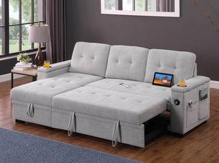 Ashlyn II 84"W Woven Fabric Reversible Sleeper Sectional, Storage & USB, Gray