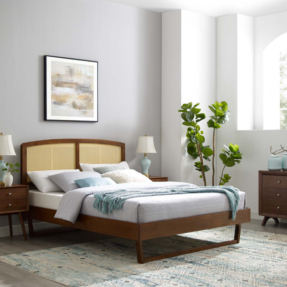 Platform Bed Frame, King Size, Wood, Brown Walnut, Modern Mid-Century, Bedroom