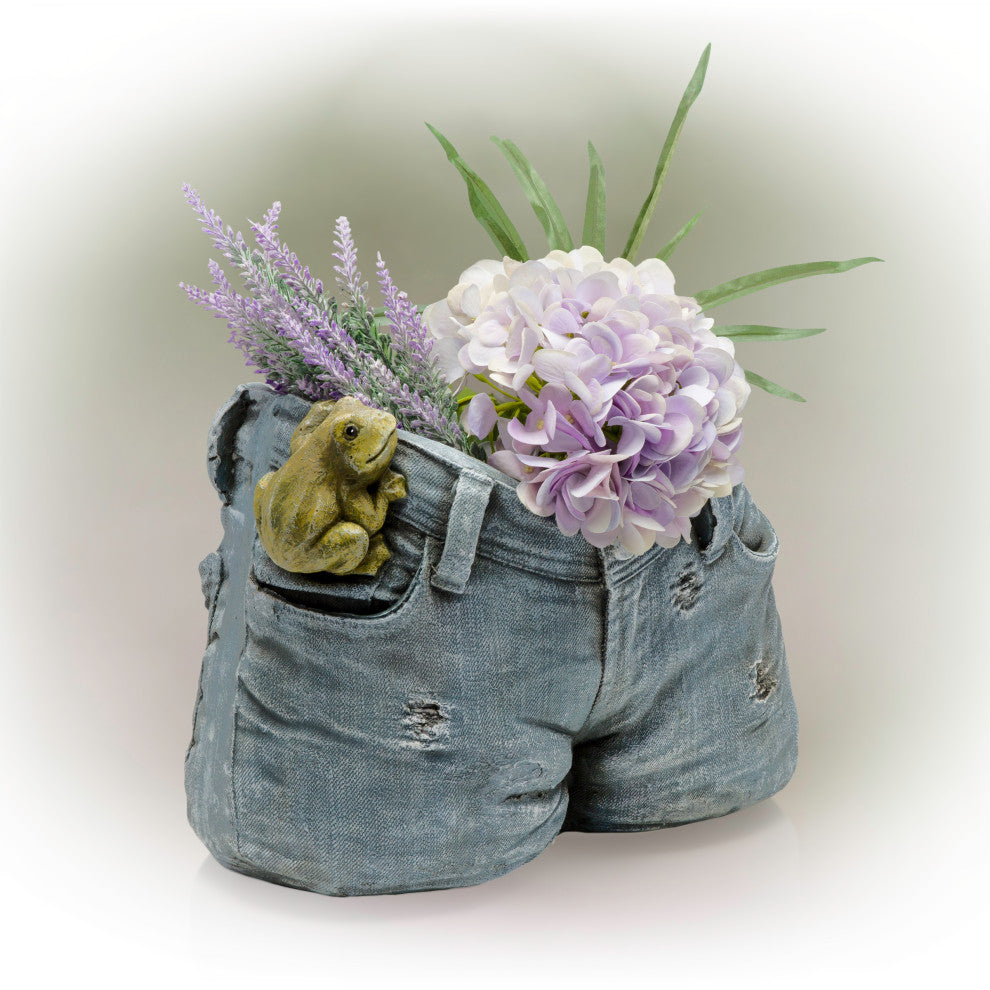 Rugged Denim Shorts Flower Planter with Frog