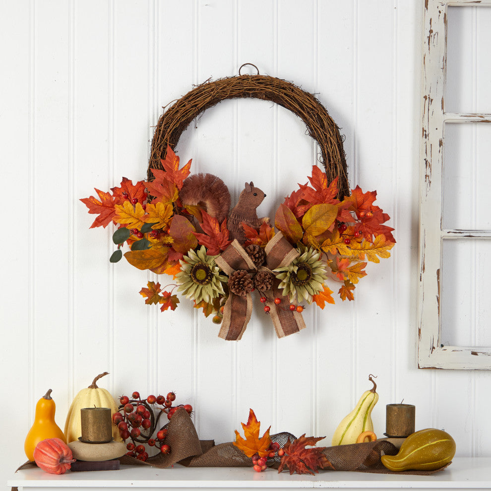 W1183 26 Fall Harvest Artificial Autumn Wreath With Twig Base and Bunny