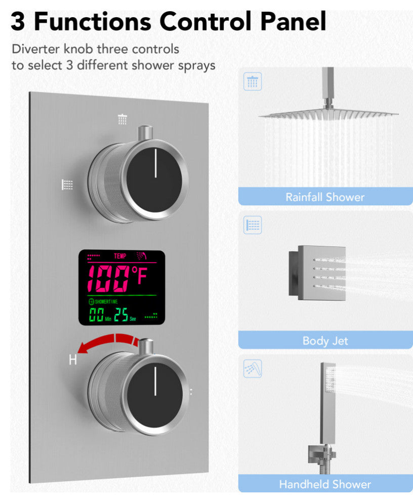 Digital Shower System 12" Rainfall Shower Head With 6 Body Jets, Brushed Nickel