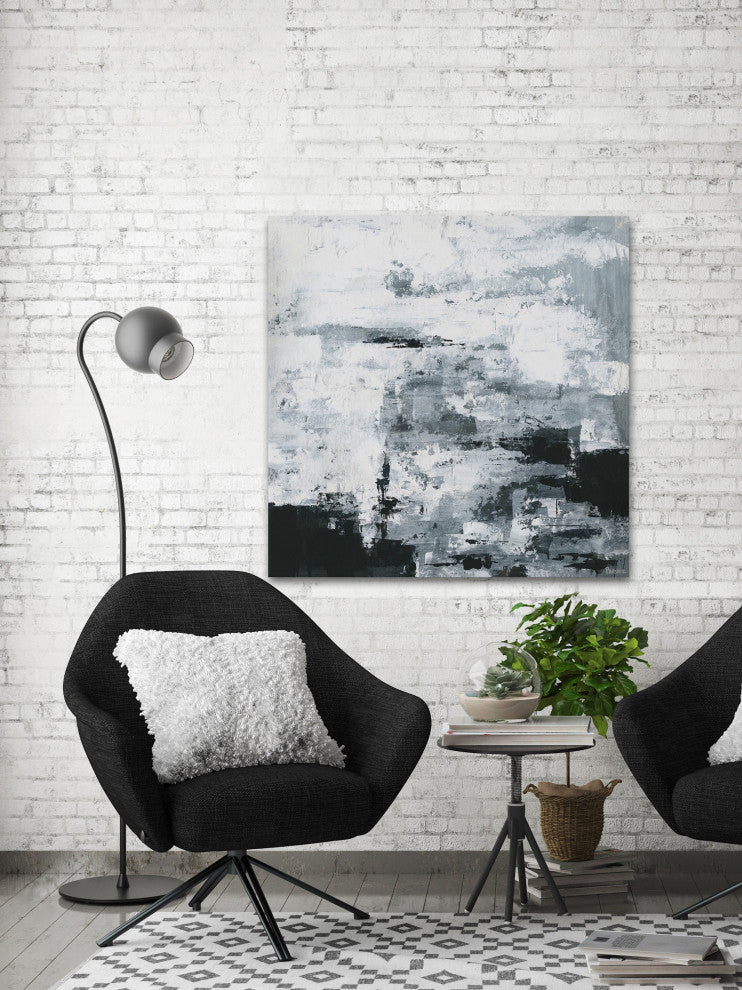 "Black and White Smudges" Painting Print on Wrapped Canvas, 24"x24"