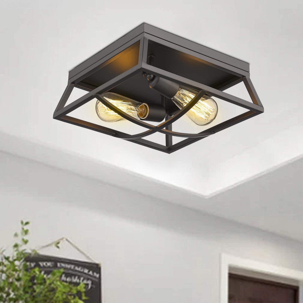 2 Light Flush Mount, Farmhouse, Black With Bronze Finish