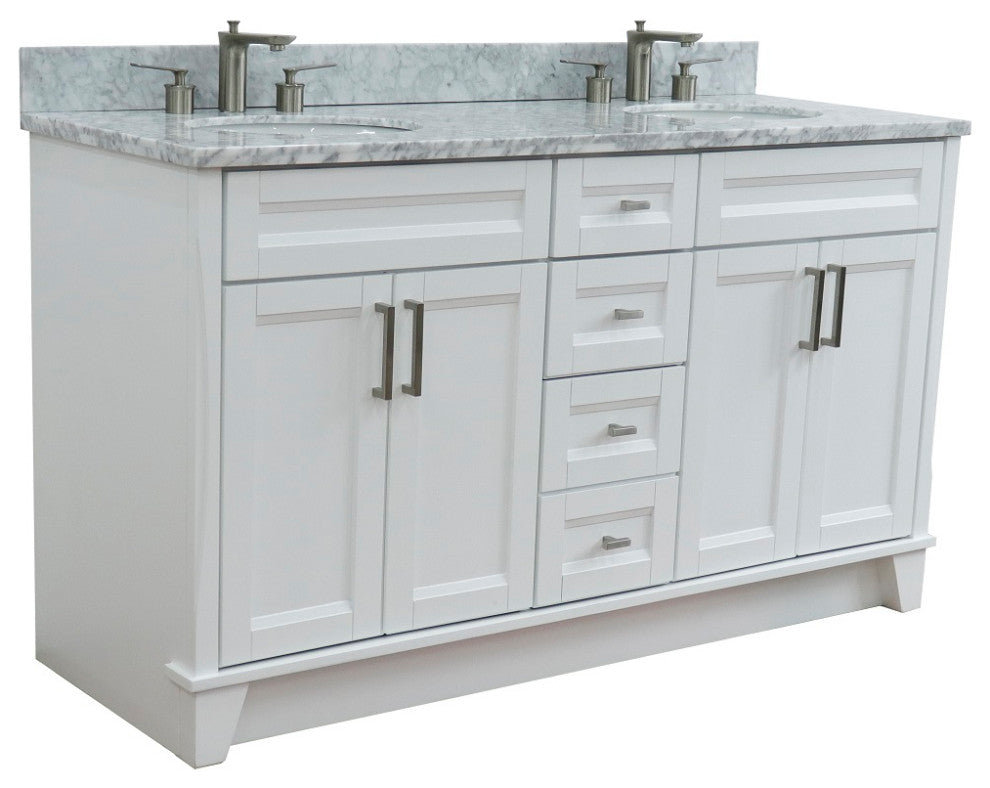 61" Double Sink Vanity, White Finish And White Carrara Marble And Oval Sink