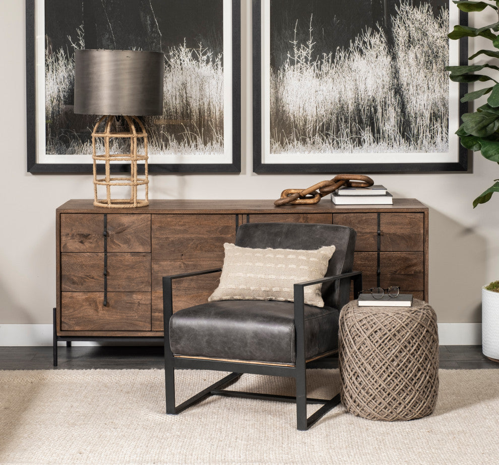 Stamford Black Genuine Leather Seat w/ Wood Back, Metal Frame Accent Chair
