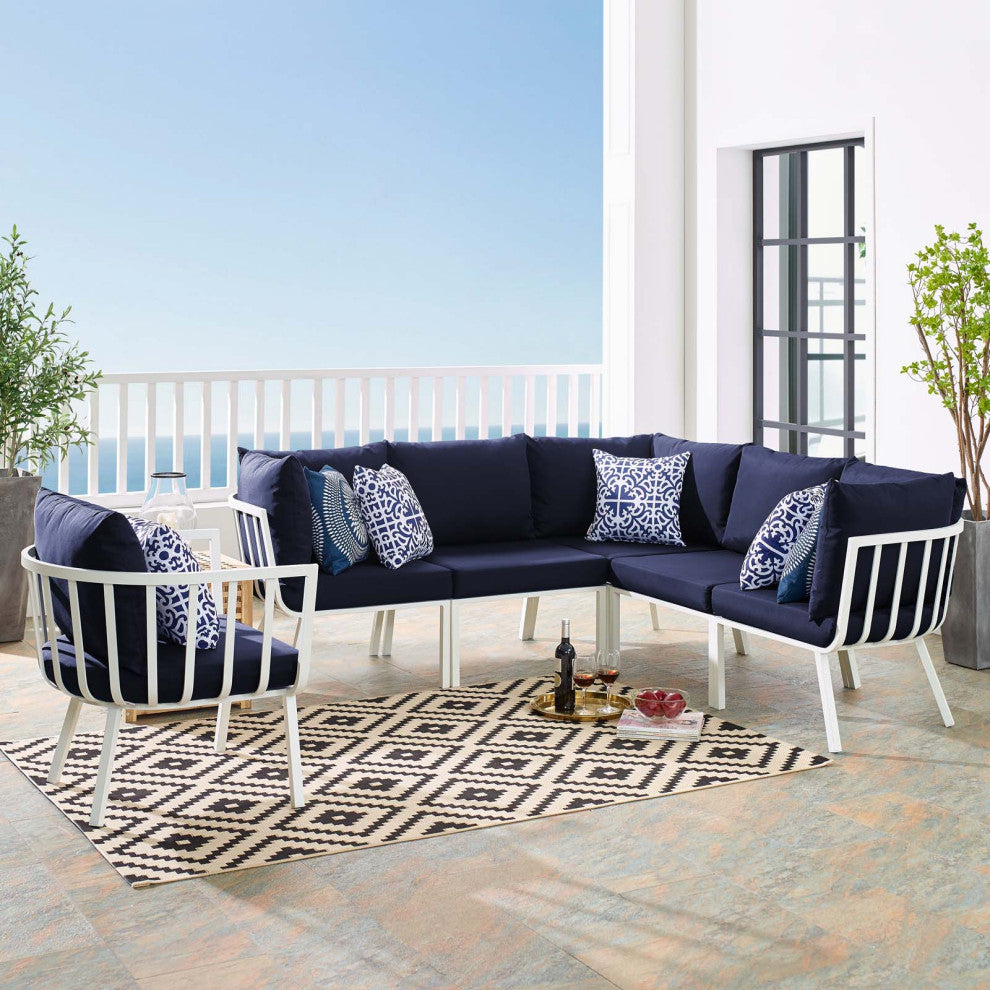 Lounge Sectional Sofa Chair Set, Aluminum, Metal, White Blue Navy, Outdoor