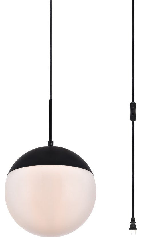 Elsa 1-Light Black Plug-In Pendant With Frosted White Glass