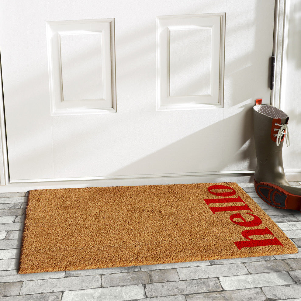 Vertical Hello Doormat, Natural/Red, 24"x36"