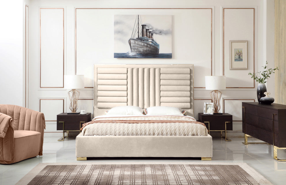 Modrest Daystar Modern Beige Velvet and Gold Bed, Eastern King