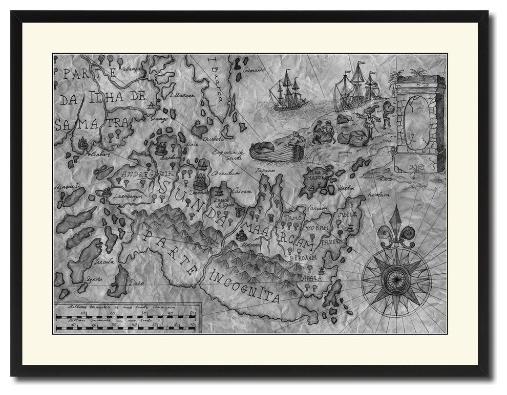 Land Vintage Map Print On Canvas With Black Custom Frame, 28" X 37"