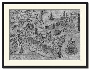 Land Vintage Map Print On Canvas With Black Custom Frame, 28" X 37"