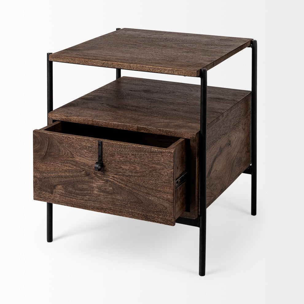 Glenn I Dark Brown Wood With Black Iron Frame Square End/Side Table