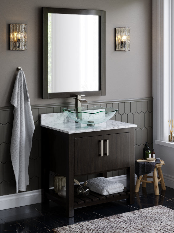 Clear Scalloped Tempered Glass Vessel Bathroom Sink Combo with Faucet and Drain, Brushed Nickel