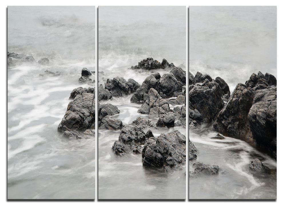 "Black and White Rocky Coastline" Metal Wall Art, 3 Panels, 36"x28"