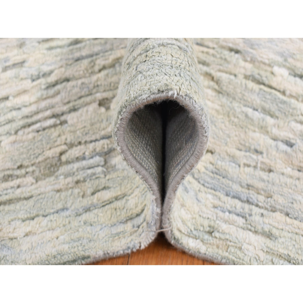 Ivory Pure Silk With Textured Wool Fluffy Collection Hand Knotted Rug 9'10"x14'