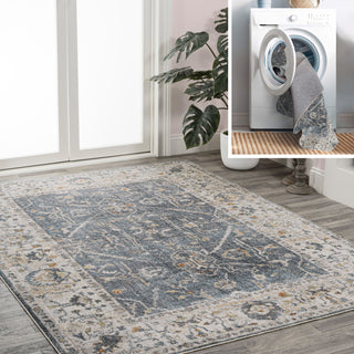 Brandy Rustic Border Low-Pile Machine-Washable Rug, Dark Gray/Cream 5x8